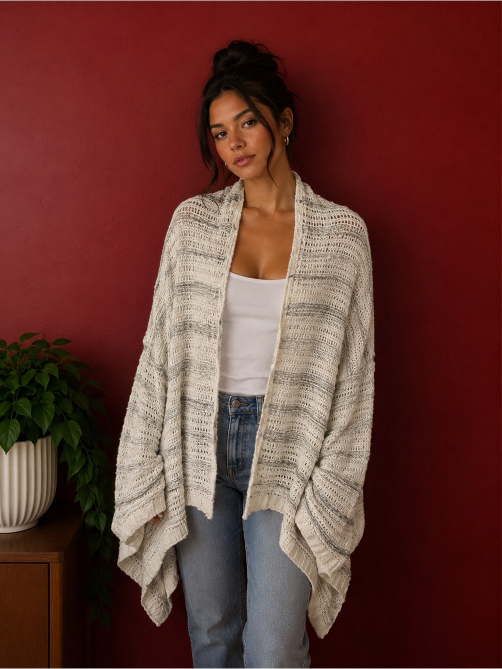 Gilly Hicks Sydney Open Knit Waterfall Cardigan – Cream/Grey – Women’s US M/L